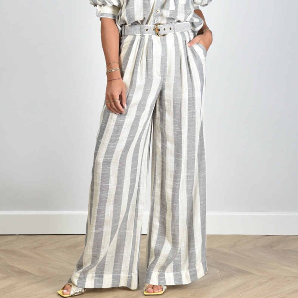 Zimmermann Wide Leg Striped Pants in Gray and Cream